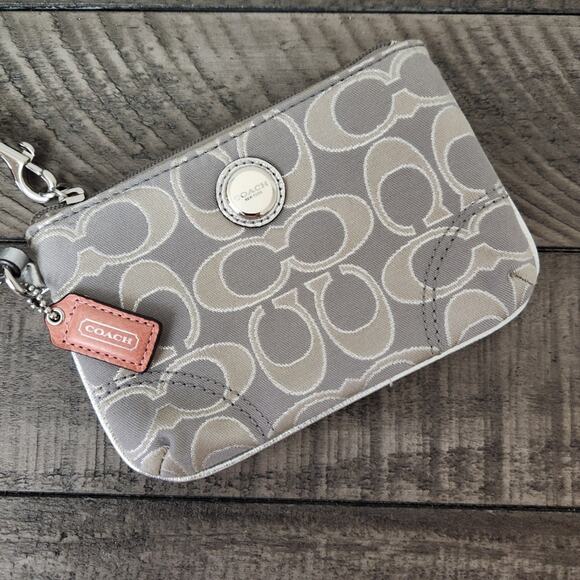 Coach Gray White Tan Monogram Signature Wallet Wristlet Pink Tag - Picture 1 of 8